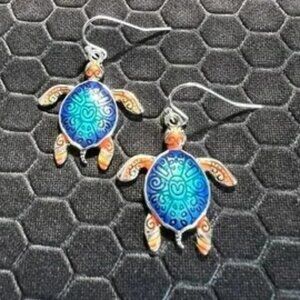 Turtle Earrings Aqua, Blue, and Orange 18K White Gold Plated